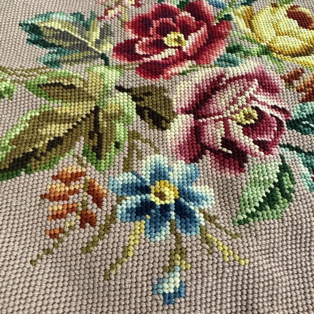 Vintage needlepoint tapestry floral decor